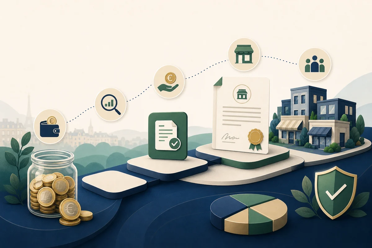 Illustration professionnelle d’un parcours débutant en crowdlending, avec étapes, document de prêt et symbole de vigilance au risque.