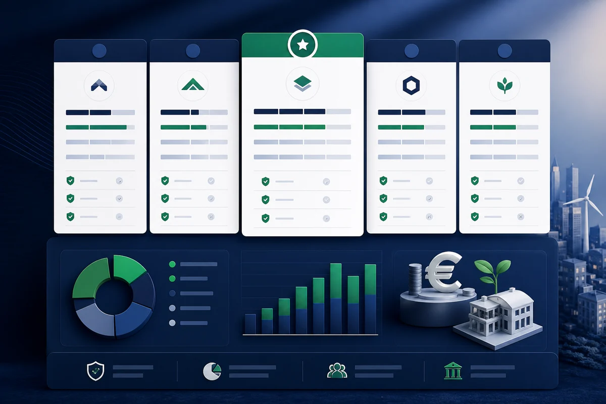Illustration professionnelle d’un comparatif de plateformes de crowdlending, avec cinq cartes anonymes, allocation de portefeuille et checklist.