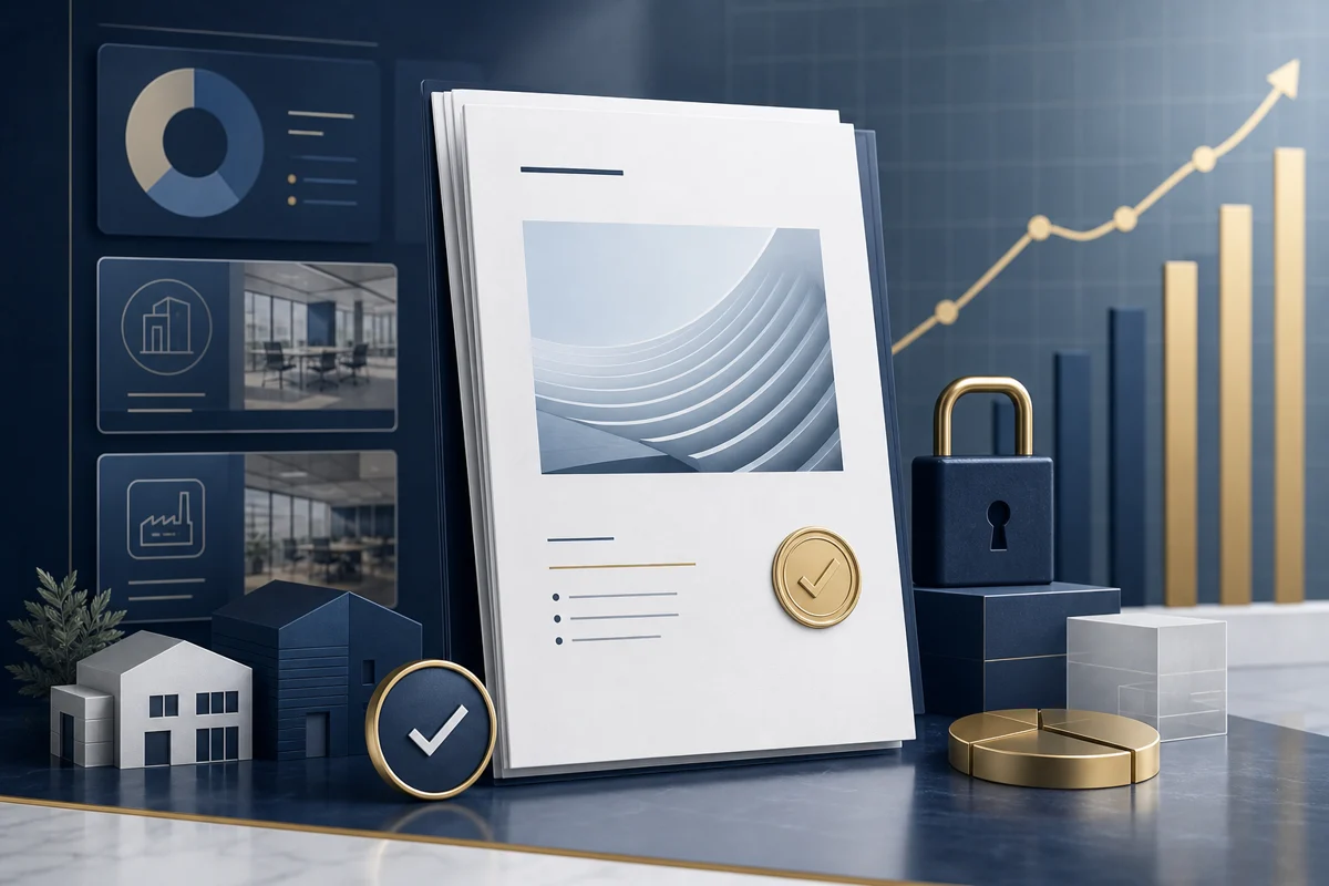 Illustration professionnelle d’un rapport audité dans le crowdlending, avec document financier abstrait, validation et tableau de bord.