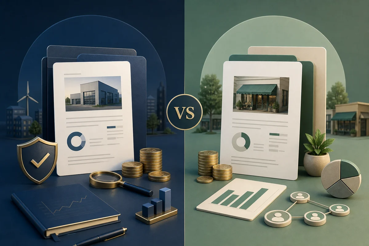 Illustration professionnelle de comparaison crowdlending avec documents de prêts aux entreprises, euros et analyse prudente du risque.