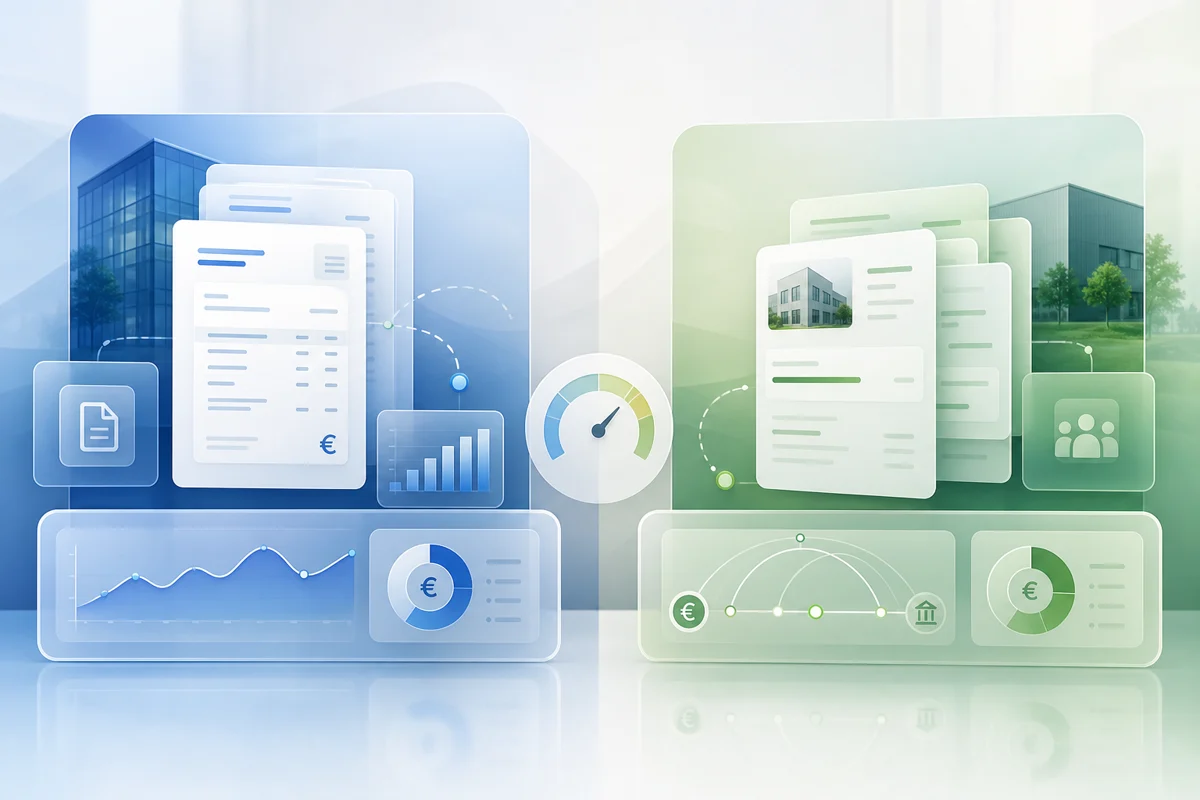 Illustration professionnelle comparant deux solutions de crowdlending, avec documents de financement et indicateurs de risque.