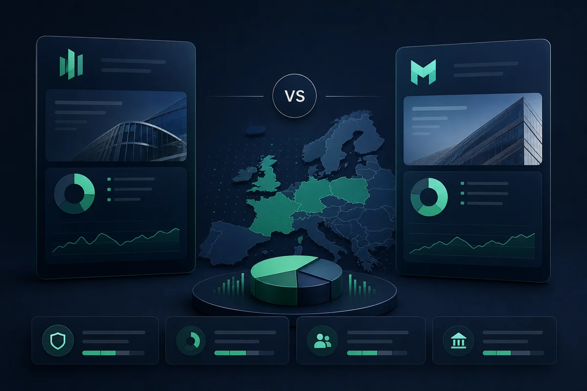 Illustration professionnelle comparant deux plateformes de crowdlending, avec cartes de plateformes abstraites et portefeuille européen.