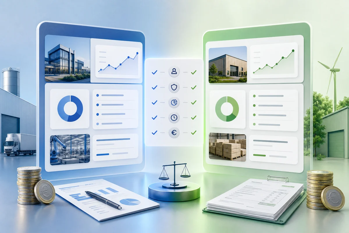 Illustration professionnelle comparant deux plateformes de crowdlending, avec tableaux de financement d’entreprises et checklist.