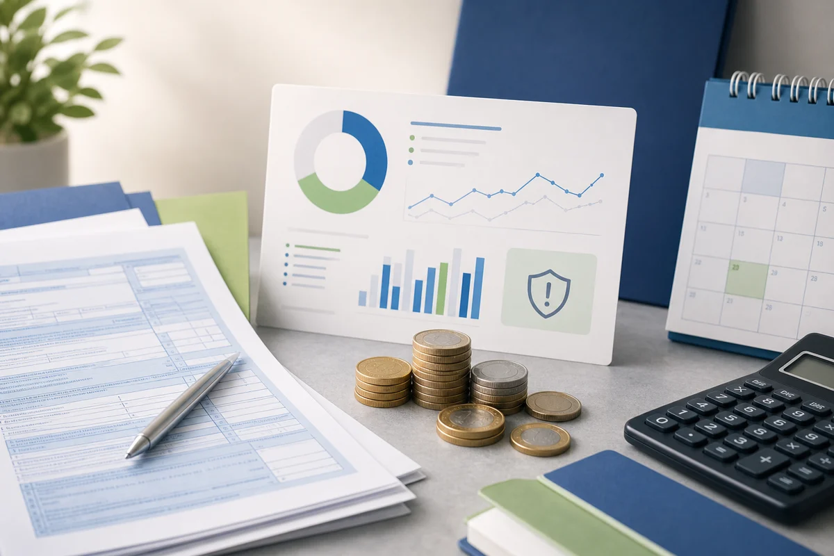 Illustration professionnelle sur la fiscalité du crowdlending, avec formulaires fiscaux abstraits, calculatrice et euros.