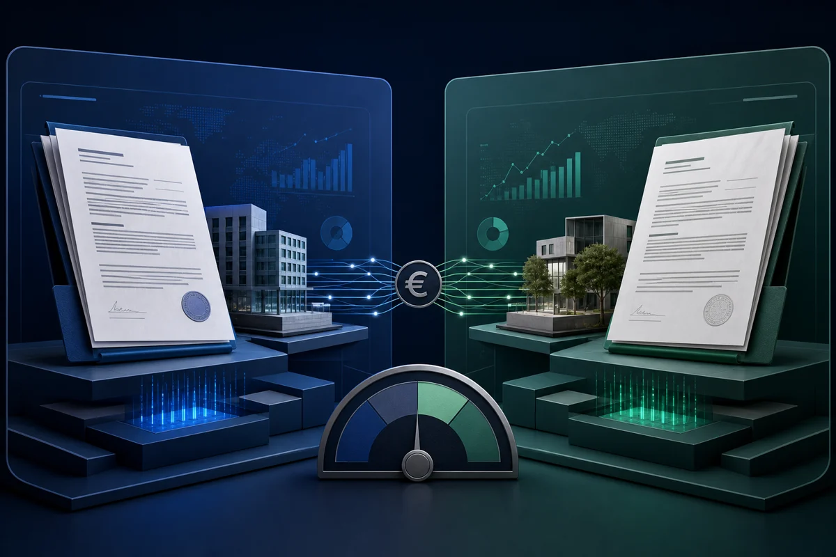 Illustration professionnelle comparant deux plateformes de crowdlending, avec documents de prêts, flux financiers et jauge de risque.