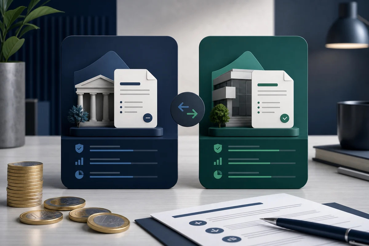 Illustration professionnelle comparant deux plateformes de crowdlending, avec tableaux de bord abstraits et symboles de financement d’entreprises.