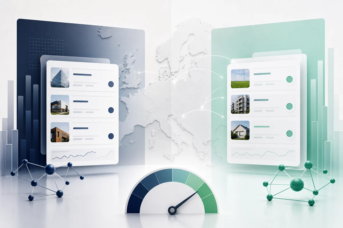 Illustration professionnelle comparant deux plateformes de crowdlending, avec portefeuille européen, diversification et indicateurs de risque.